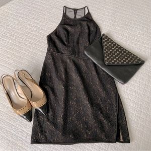 BCBG MAX AZRIA BLACK LACE HALTER TOP COCKTAIL DRESS, NUDE LINING / SIZE 2 XSMALL
